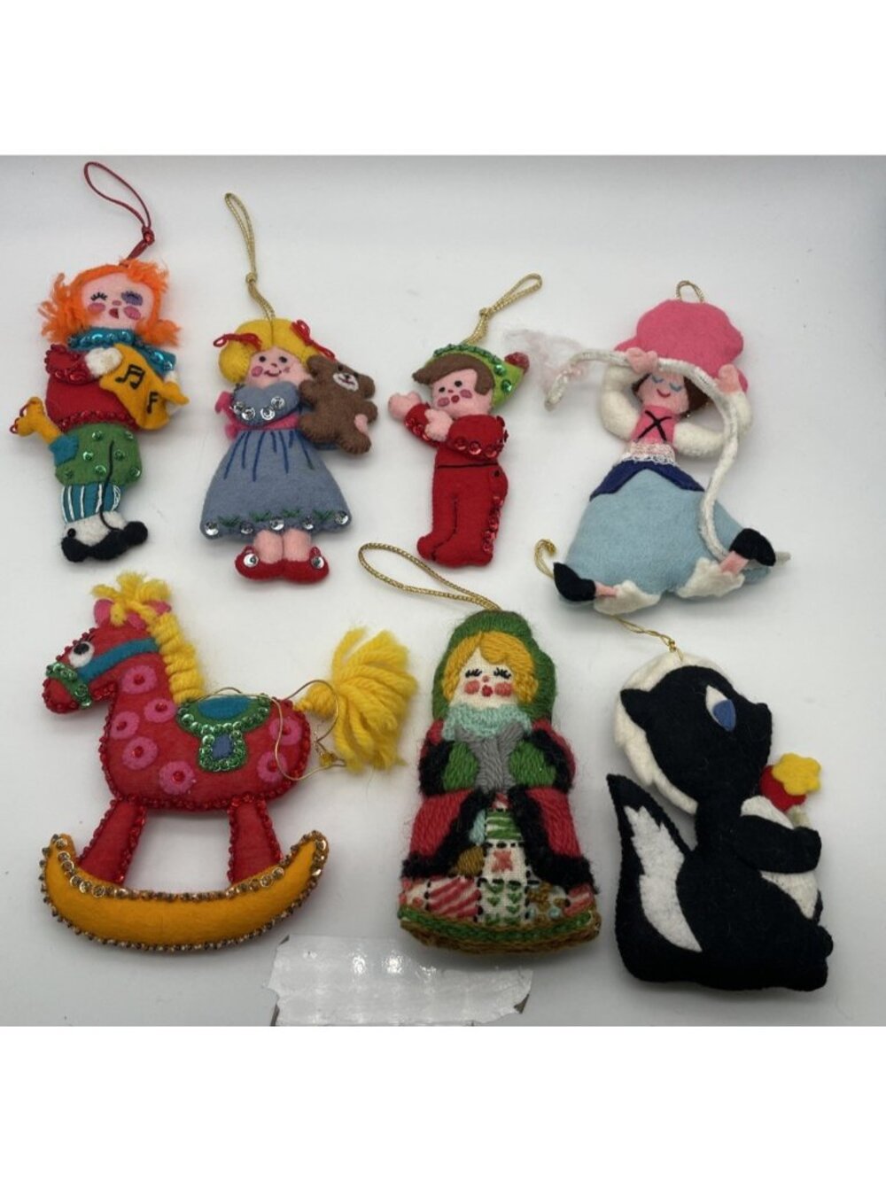 Vintage Handmade Felt Sequin And Yarn Christmas Ornaments Mixed Lot Of 7